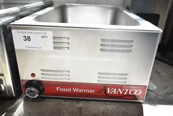 Avantco 177W50 Commercial Countertop Food Warmer, stainless steel. 120 Volts, 1 Phase. Number 38, PCI Auctions label visible.