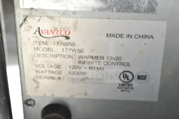 Avantco 177W50 food warmer label showing 120V, 1200W, UL and NSF listed, made in China. Model and item number visible.