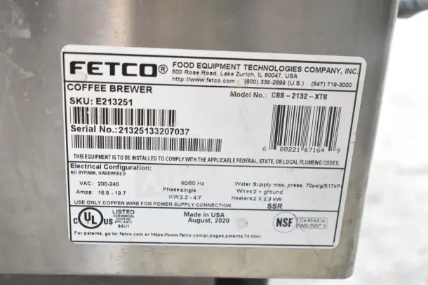 Fetco CBS-2132-XTS commercial coffee machine, 200-240V, single phase, August 2020, NSF certified, model label shown.