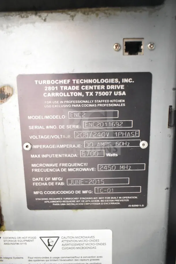 Turbochef ENC2 Commercial Rapid Cook Oven, 208/240V, 1 Phase, serial #ENC2D11692, with 6700W max input, manufactured June 2015.