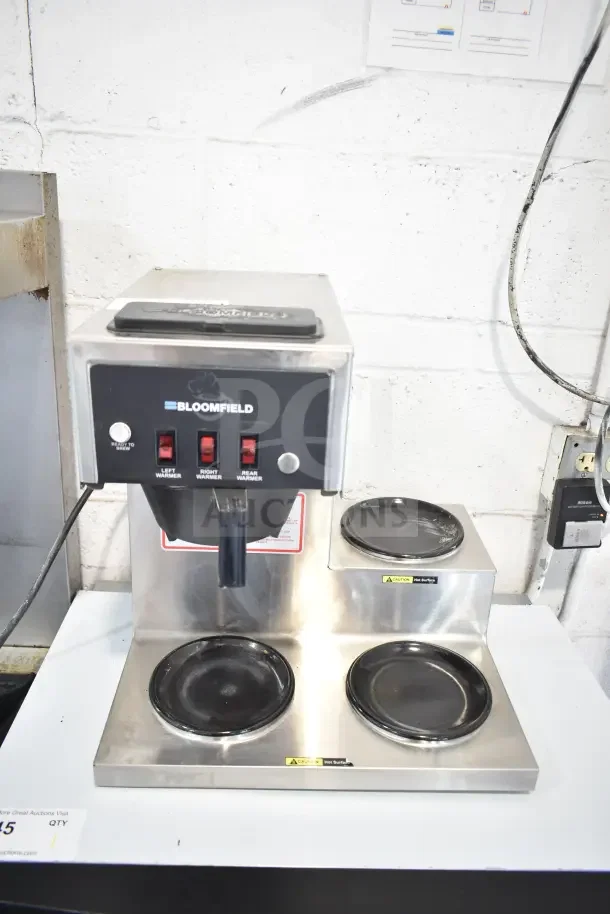 Bloomfield 8571 countertop coffee machine with three burners, stainless steel, 120 volts, 1 phase, commercial use.