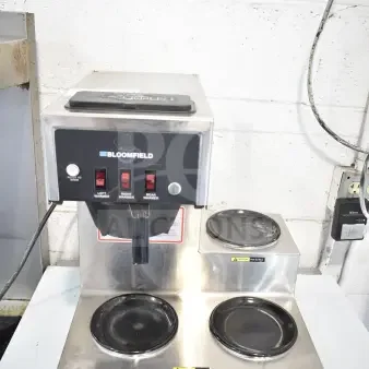 Bloomfield 8571 countertop coffee machine with three burners, stainless steel, 120 volts, 1 phase, commercial use.