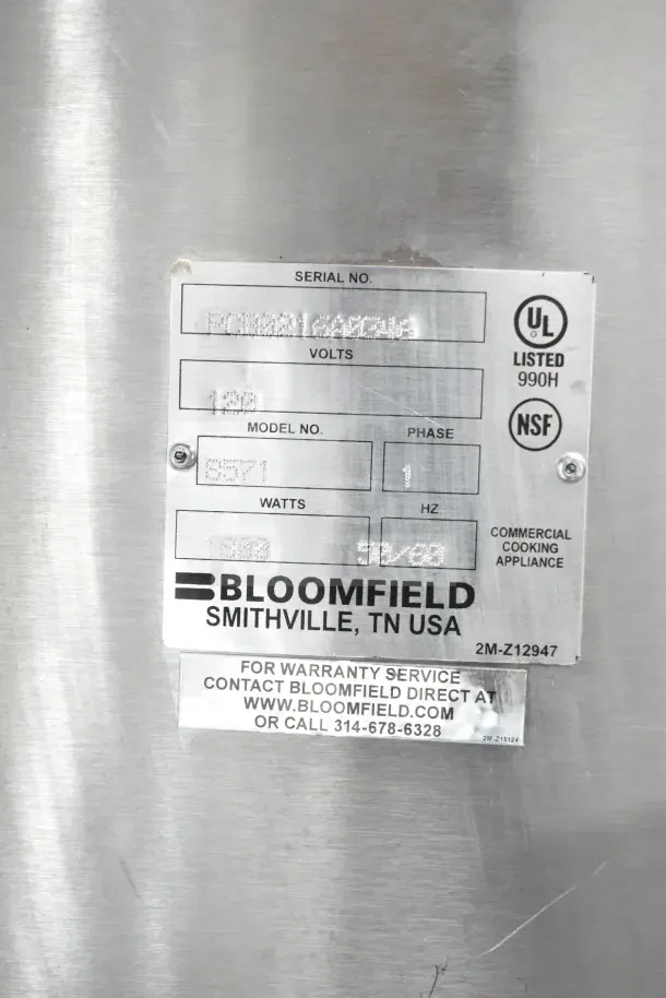 Bloomfield 8571 Countertop 3 Burner Coffee Machine, 120V, 1 Phase. Serial tag with model, volts, and warranty contact details.