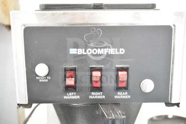 Bloomfield 8571 Countertop 3 Burner Coffee Machine, 120V, 1 Phase. Features left, right, rear warmers, "Ready to Brew" indicator.