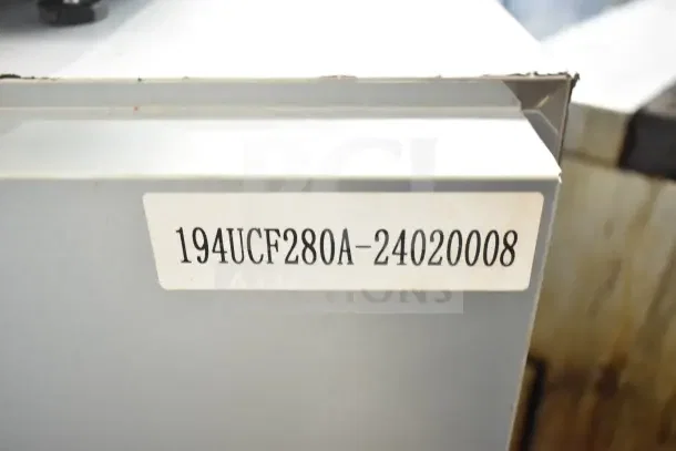 Avantco 194UCF280A ice machine label, model and serial number visible, gray exterior, perfect for commercial use.