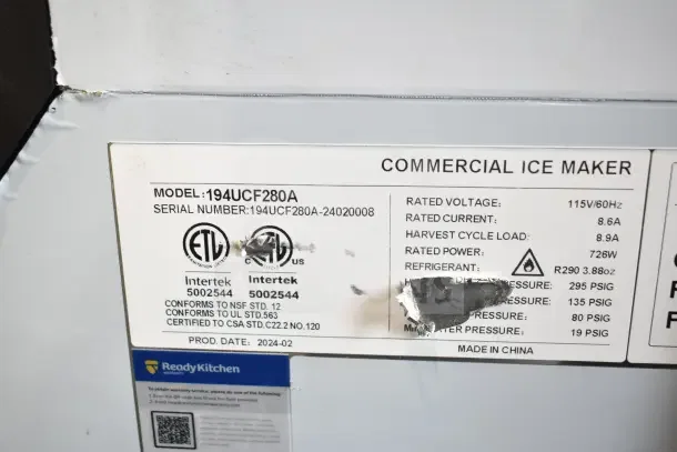 2024 Avantco 194UCF280A ice machine, 299 lb. capacity, 80 lb. storage, 115V, 1 Phase; ETL certified label shown.