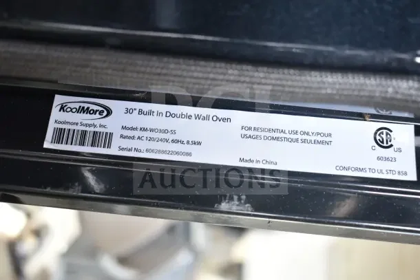 KoolMore KM-WO30D-SS stainless steel double wall oven label showing model, voltage, and usage details.