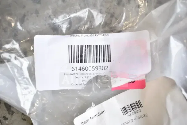 Package with barcoded label for Pitco® Gasket 60059302. Contains new scratch and dent items like gaskets and brackets.