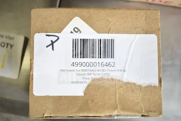 Cardboard box labeled with barcode 499000016462, marked Manitowoc Ice 000016462 Kit Bin Therm F/N Uc.