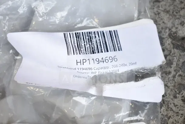 Southbend 1194696 Capacitor, 208-240V, 20mf. New, with barcode and label indicating RIP Ticket 13244.