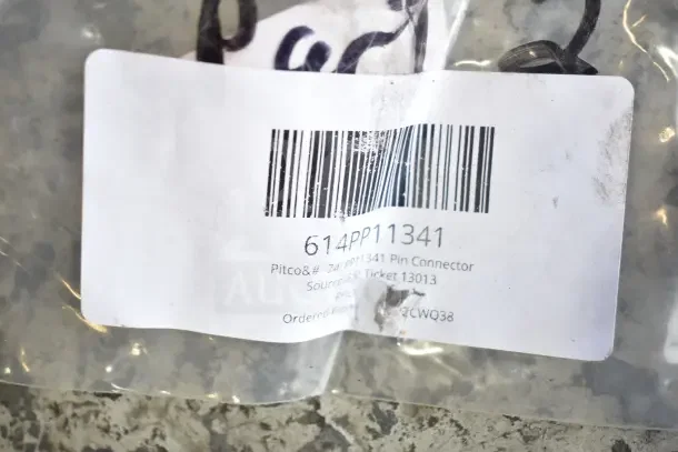 Barcode sticker on packaging for Pitco Pin Connector, model 614PP11341. Includes order details and source ticket info.