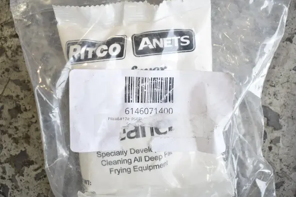 Clear plastic bag with Pitco and Anets branded part, visible barcode 6146071400, labeled for deep fryer cleaning.