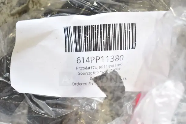 Bag with label showing barcode and text "614PP11380, Pitco® PP11330 Cord, Source: RIP TID 135613."