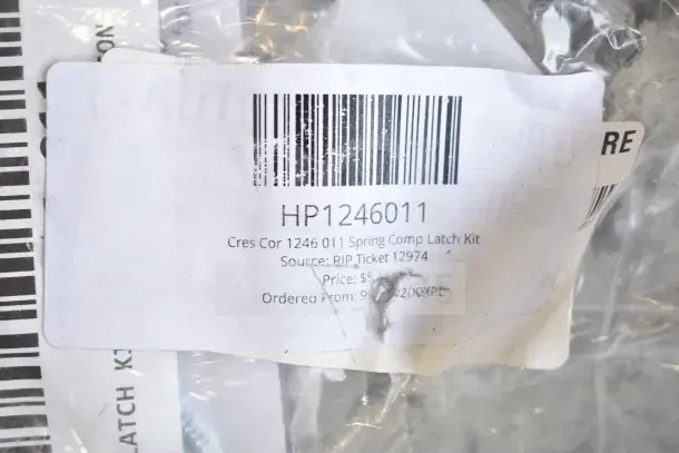 28 new scratch and dent items, including gasket, harness, bracket, knob, caster. Tag shows "HP1246011" latch kit info.