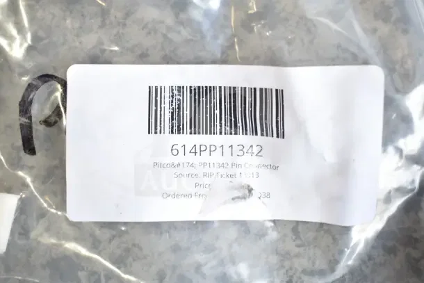 Barcoded label on packaging for Pin Connector 614PP11342 by Pitco. New condition, part of 28-item scratch and dent lot.