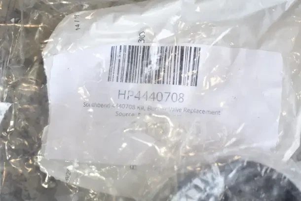 Clear plastic bag labeled "HP4440708, Southbend Kit, Burner Valve Replacement", showing a barcode. Items are scratch and dent condition.