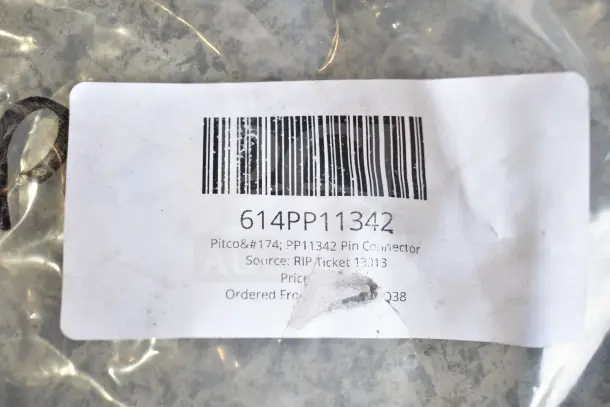 Barcode label showing "614PP11342" for Pitco® PP11342 Pin Connector, with source and order information.