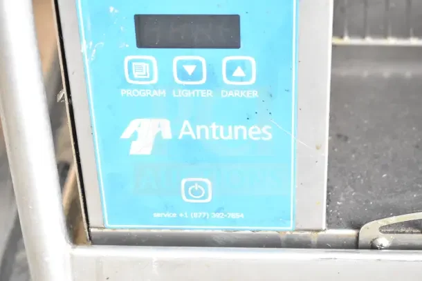 AJ Antunes GST-2H commercial countertop horizontal bun toaster, 208-240 volts, visible control panel with program settings.
