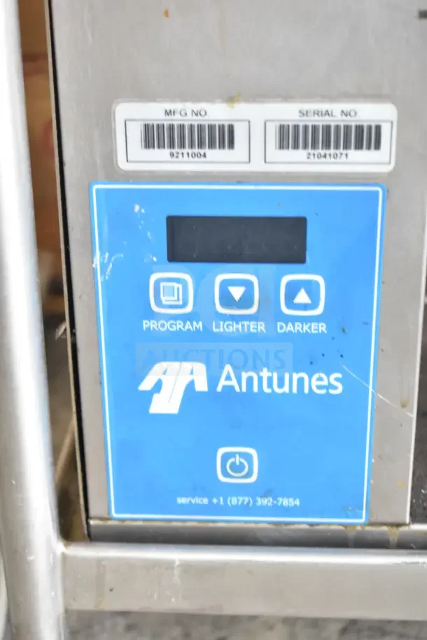 AJ Antunes GST-2H Commercial Bun Toaster on cart, 208-240V, 1 Phase. Features control panel, model/serial labels visible.