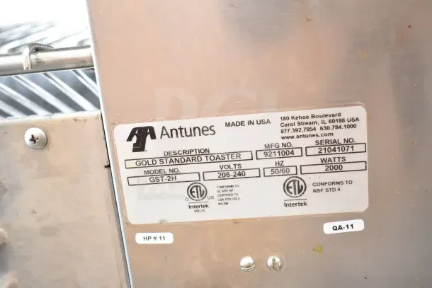AJ Antunes GST-2H Commercial Bun Toaster, 208-240V, 1 Phase, ETL certified, on cart. Label shows model and serial number.