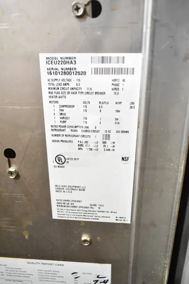 2016 Ice-O-Matic ICEU220HA3 commercial ice machine, 115 volts, 1 phase. Label shows specs and UL, NSF certifications.