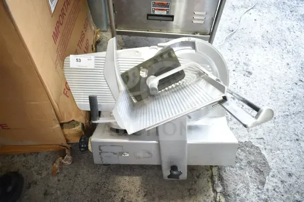 Bizerba Commercial Countertop Meat Slicer, 120V, 1 Phase, used condition. Features adjustable blade and safety guard.
