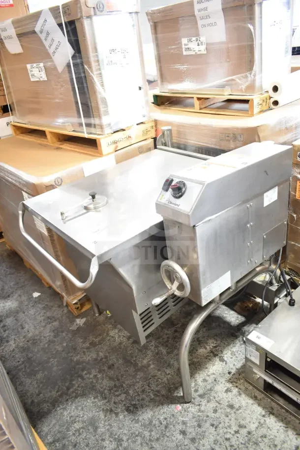 Cleveland commercial floor-style manual tilt gas braising pan, stainless steel, with control dial and tilting handle, excellent condition.