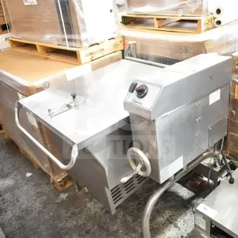Cleveland commercial floor-style manual tilt gas braising pan, stainless steel, with control dial and tilting handle, excellent condition.