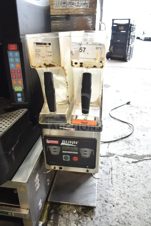 Bunn MHG 35600.0011 Commercial Coffee Grinder, 2 hoppers, missing lids, 120V, 1 phase, used condition.