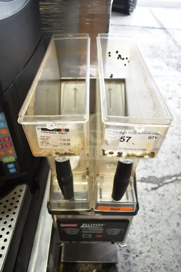 Bunn MHG 35600.0011 commercial coffee grinder, 2 hoppers, missing lids, labels visible, 120V, 1-phase.