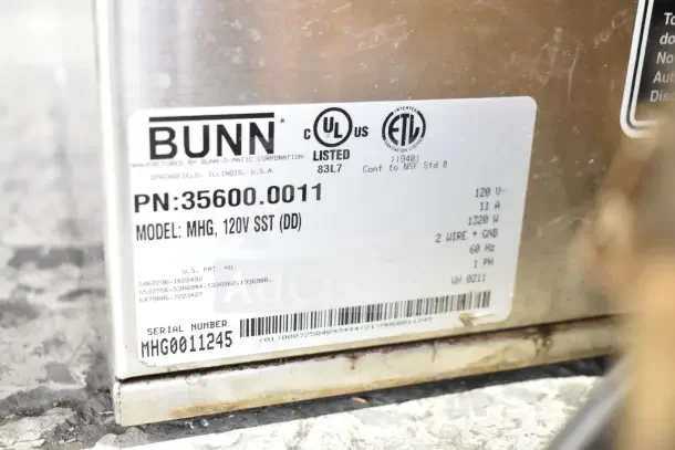 Bunn MHG 35600.0011 commercial coffee grinder, 2 hoppers, missing lids, 120V, 1 Phase. Serial number MHG0011245.