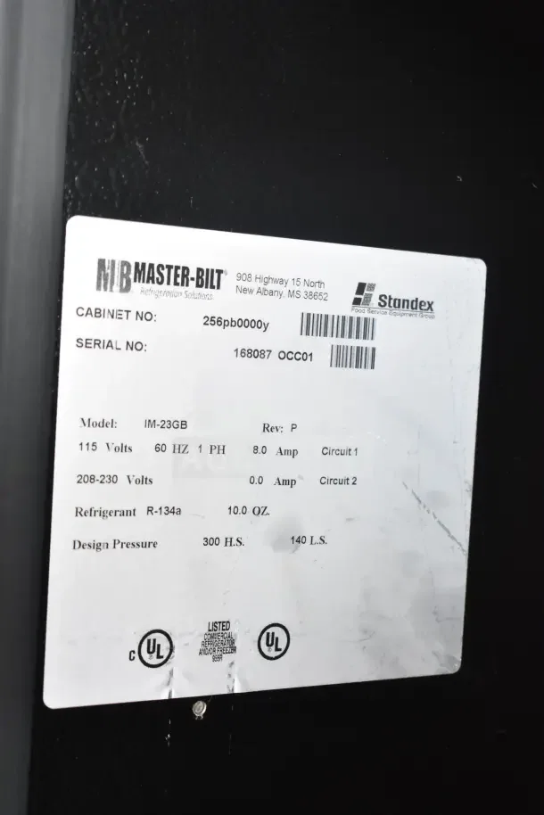 Label on Master-Bilt IM-23GB freezer, 115/208-230V, 1 phase, R-134a refrigerant, cabinet 256pb0000y, serial 168087 OCC01.
