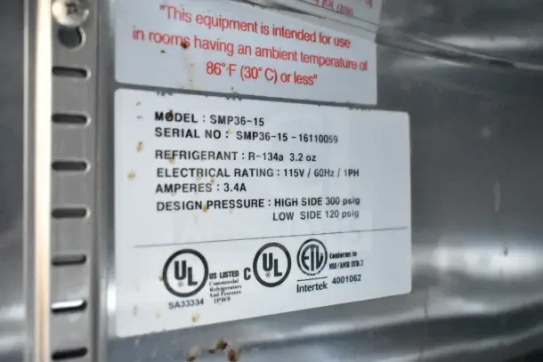 Norlake SMP36-15 prep table label detailing model, refrigerant, electrical specs, and UL certifications.