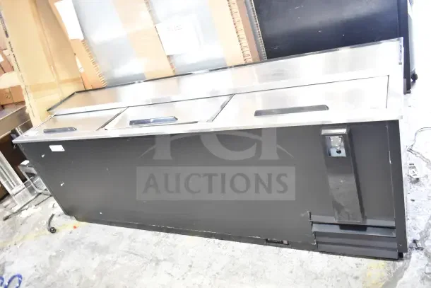 BRAND NEW Avantco 178HBB95HC 95" black horizontal bottle cooler, 115V, 1 phase, minor scratches and dents visible.