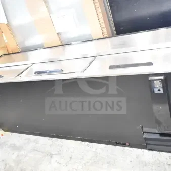 BRAND NEW Avantco 178HBB95HC 95" black horizontal bottle cooler, 115V, 1 phase, minor scratches and dents visible.