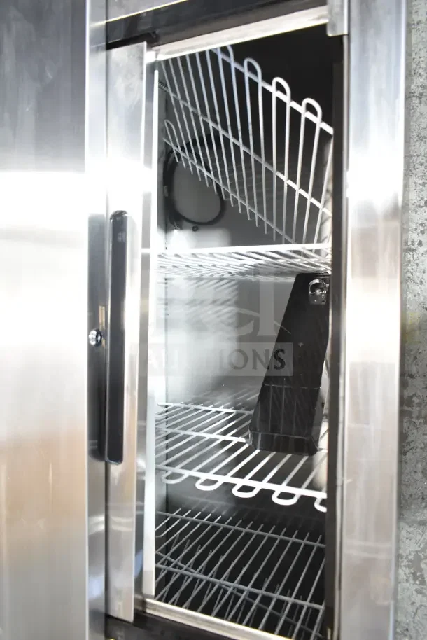 Avantco 178HBB95HC 95" black horizontal bottle cooler, brand new, scratch and dent, 115V, 1 phase. Interior shelves visible.