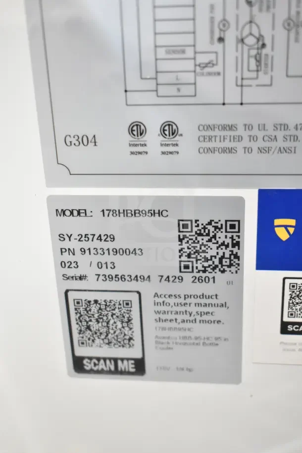 Avantco 178HBB95HC model label with QR codes for product info, 115V, 1/4hp, and certification details.