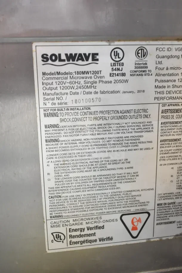 2018 Solwave 180MW1200T commercial microwave, 120V, 1 Phase. UL listed, energy verified. Serial No. 180100570.