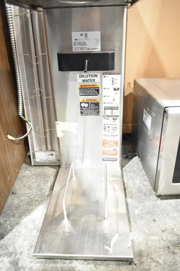 2019 Bunn IC3-DBC Commercial Iced Tea Machine, 120V, 1 Phase, with dilution water and warning labels visible, in good condition.