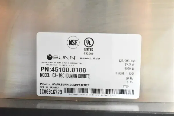 2019 Bunn IC3-DBC 45100.0100 Commercial Iced Tea Machine label, 120V, 1 Phase, serial IC00016723.