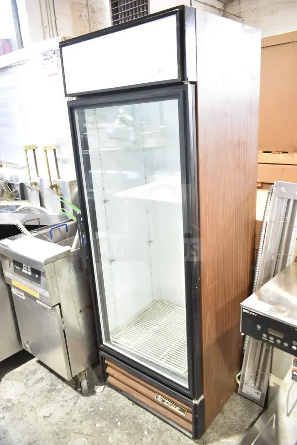 True GDM-19 single door cooler, wood finish, commercial reach-in merchandiser, 115V, 1 phase, visible brand label.