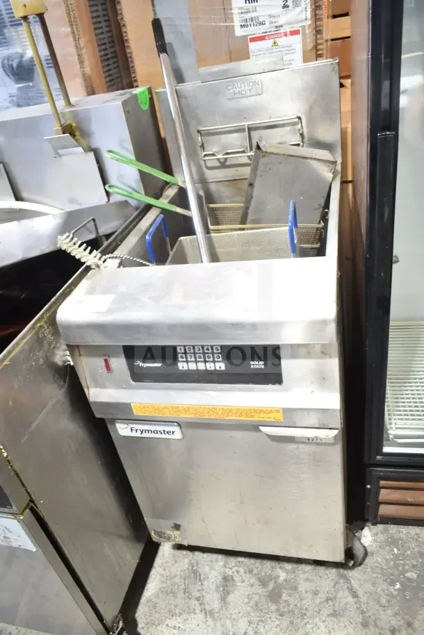 Frymaster GPCSC commercial gas pasta cooker with casters, 80,000 BTU, solid state controls, "Caution Hot" label, clean condition.