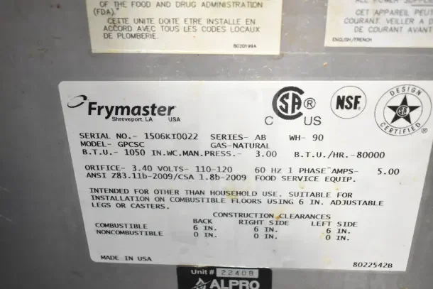Frymaster GPCSC pasta cooker, natural gas, 80,000 BTU, commercial use, on casters. Labels show specs and certifications.