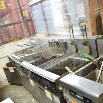Giles EOF-24 stainless steel 3-bay electric fryer with Giles EOF-BIB dumping station, on commercial casters, 480V, 3-phase.