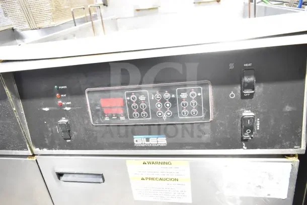 Giles EOF-24 stainless steel 3 bay electric fryer with control panel, labels visible. Includes EOF-BIB dumping station.