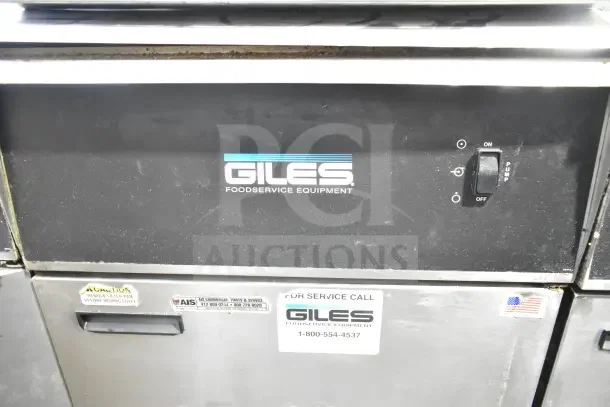 Giles EOF-24 Stainless Steel 3-Bay Fryer with EOF-BIB Dumping Station, 480V, 3 Phase. Features stickers and control panel.