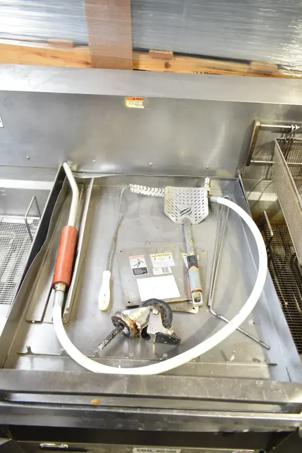 Giles EOF-24 stainless steel 3-bay fryer with EOF-BIB dumping station, on commercial casters; 480V, 3-phase.