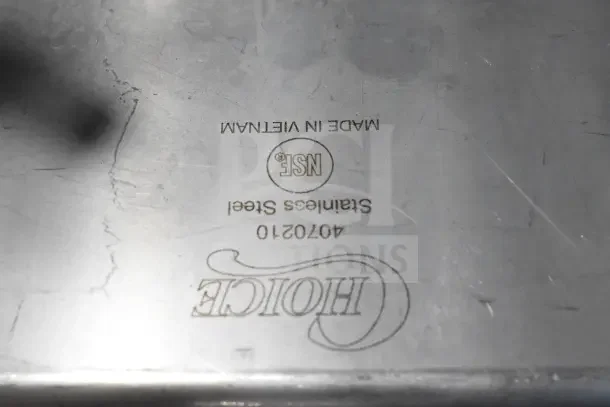 Stainless steel label on cookware, NSF certified, model 4070210, brand Hoice, made in Vietnam.