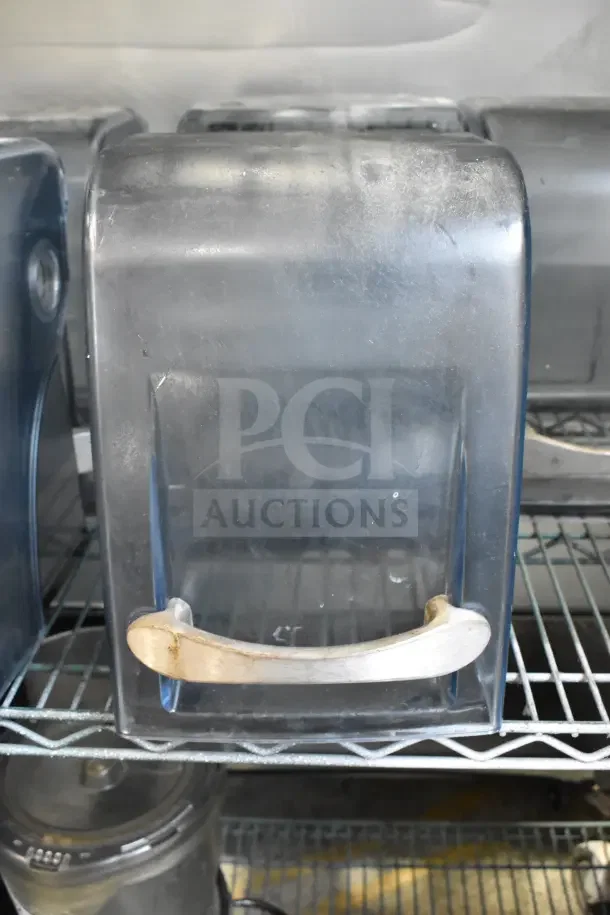 Clear sound enclosure for blender, slightly worn; features a lift handle. Auction for seven identical units.