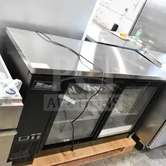 Brand new Migali C-BB60SG-HC commercial 2-door cooler, 115V, with glass doors. Some scratches and dents visible.